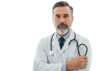Mature doctor with stethoscope isolated on transparent background