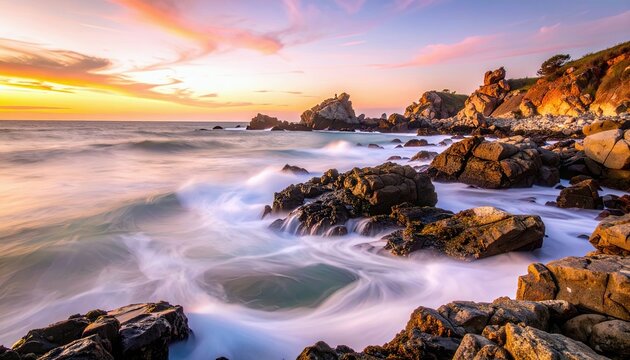 A serene and picturesque coastal landscape at sunset, featuring rugged rocks, the ocean, and a colorful sky.