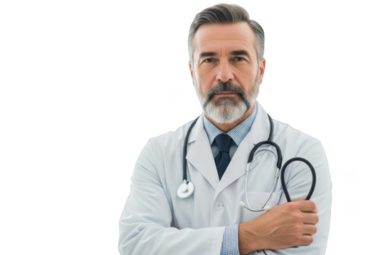 Mature doctor with stethoscope isolated on transparent background