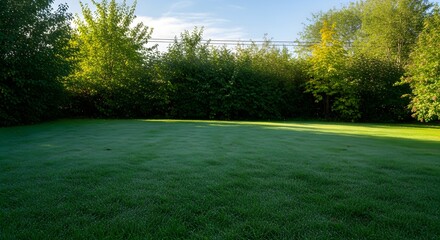 Obraz premium Sunlit Green Grass Lawn with Dew Drops and Trees