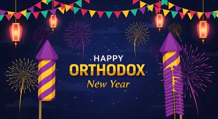 Happy orthodox new year celebration with fireworks and festive decorations