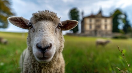 Fototapeta premium Close-up of a sheep grazing in a green field with a historic building in the background during a cloudy afternoon