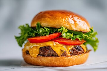 Close-up of a single cheeseburger on parchment paper.  Fresh, golden-brown bun, juicy patty, melted cheese, crisp lettuce, and slices of tomato.  Food photography style
