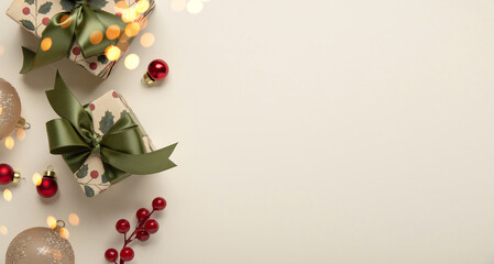 Merry Christmas and Happy Holidays greeting card, frame, banner. New Year. Christmas ornaments and...