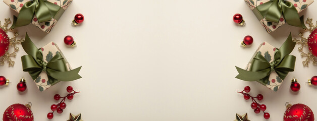 Merry Christmas and Happy Holidays greeting card, frame, banner. New Year. Christmas ornaments and...