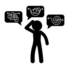 Confused person surrounded by chaotic thought symbols, representing ADHD, overthinking, and mental health challenges. Vector illustration. ADHD education, awareness, infographics, design template.