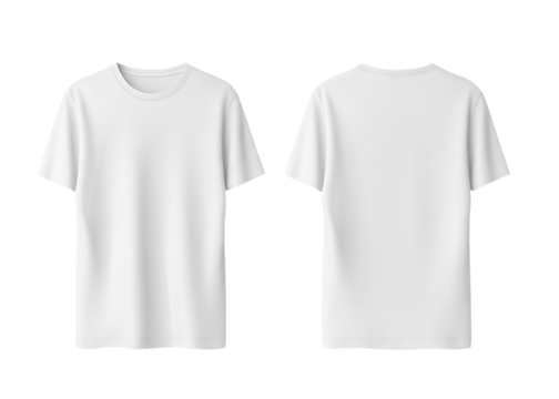 Camiseta blanca lisa parte delantera y trasera sobre fondo blanco. Generado con IA