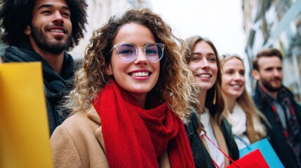 Group of friends smiling together while shopping in an urban street during a sunny afternoon
