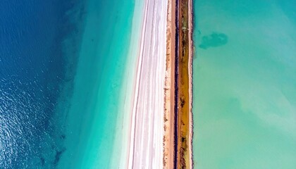 An aerial perspective showcases a man-made causeway separating two distinct bodies of water, one a vibrant turquoise and the other a deep blue.