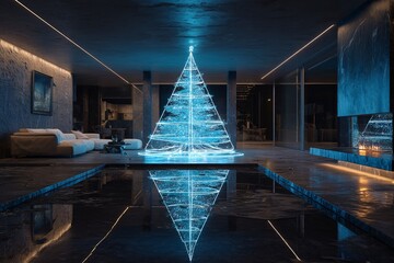 vivid futuristic scene, elegant modern space featuring luminous geometric sculpture, sophisticated interior showcasing luminous triangular artwork reflected in calm water amidst ambient lighting