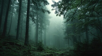Fototapeta premium Misty, dense forest. Tall trees shrouded in fog