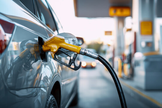 Modern electric vehicle being charged at a busy fuel station showcasing the transition to sustainable transportation.
