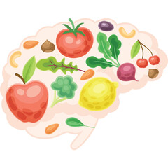 Brain Shaped Outline Filled With Assorted Healthy Foods Including Fruits Vegetables Nuts and Leafy Greens on a Transparent Background