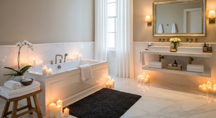 Fototapeta premium Luxurious bathroom with candles, bathtub, sinks, and elegant decor