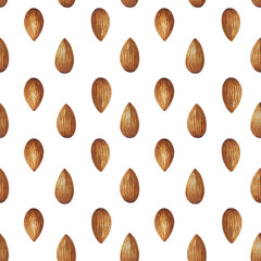 Watercolor almond nut seamless pattern. White background