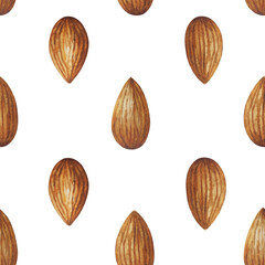 Watercolor almond nut rows seamless pattern. White background. For your design