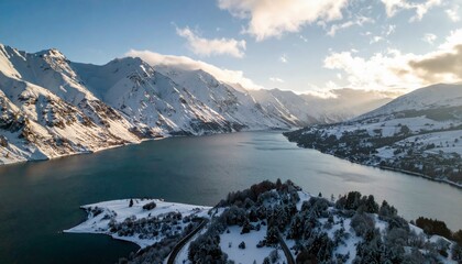 An expansive aerial view captures a serene winter landscape featuring snow-capped mountains, a vast blue lake, and a road snaking through a snow-dusted forest.