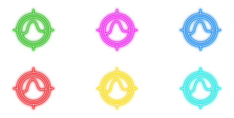 Neon data signal target icons vector set. Bright glowing waveform analysis and precise aiming symbols in a modern futuristic style.