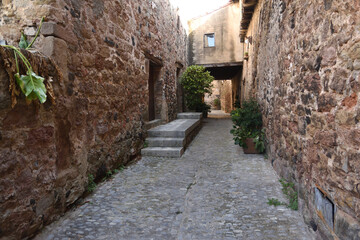 Street in the village of Santa Pau, La Garrotxa, Girona province, Catalonia, Spain