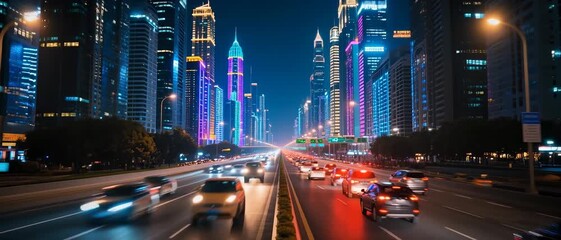 Night Traffic Rush, Multilane Highway Amid Skyscrapers, Neon Cityscape Photo, Urban Night Environment, Aerial Viewpoint, Futuristic Concept