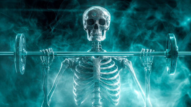 Metallic skeleton lifting a heavy barbell surrounded by blue smoke in a dramatic fitness and strength training concept background