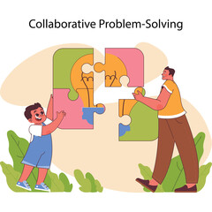 Two people assembling a puzzle with lightbulbs symbolizing ideas and collaboration against a soft peach background with green leafy accents