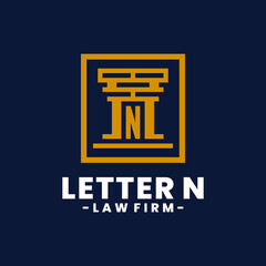 Elegant letter N law firm logo with a modern monogram blue and gold inside a geometric frame. Perfect for legal services, attorneys, corporate identity, professional branding, and premium business.
