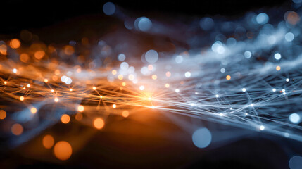 Digital network connectivity concept with glowing orange and blue nodes linked by intersecting light trails symbolizing data transmission and modern communication technol