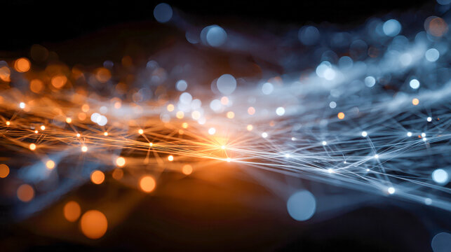 Digital network connectivity concept with glowing orange and blue nodes linked by intersecting light trails symbolizing data transmission and modern communication technol