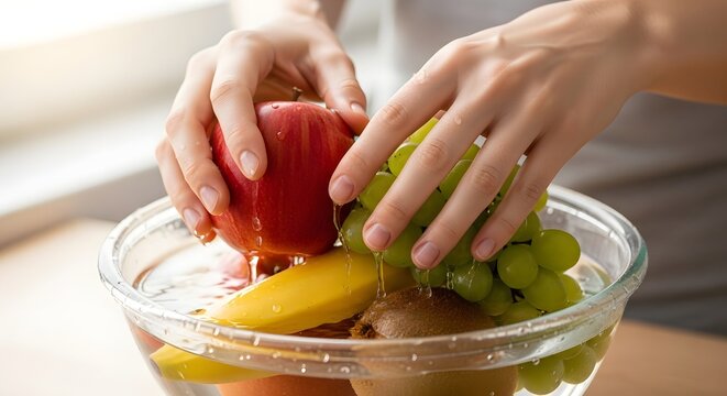 Person's hands washing fresh fruits including, banana, grapes, and kiwi in a glass bowl under natural light in a kitchen setting - Powered by Adobe