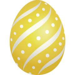 A bright yellow Easter egg with white diagonal stripes and small white dots against a transparent background symbolizing celebration and springtime holidays