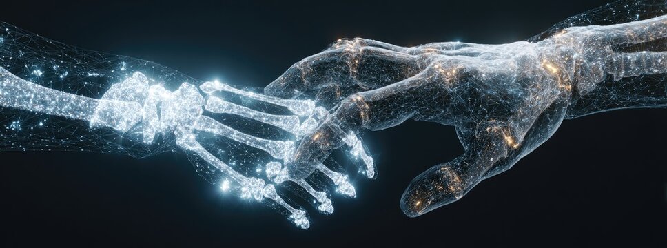 Two translucent hands, resembling skeletons, touch; glowing points and lines form the structure