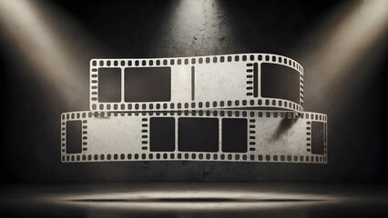 Obraz premium Vintage film reels dramatically lit in dark studio evoking cinematic nostalgia and creative storytelling