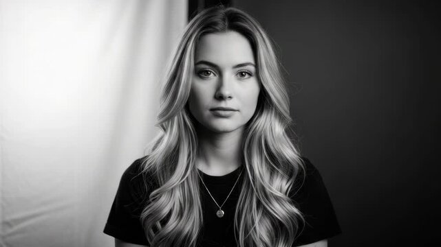 Black and white triptych portrait of a serious young caucasian woman looking at the camera. Sequence of shots showing a gradual zoom on her intense and focused expression