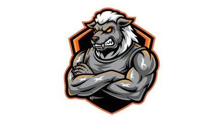 Aggressive Cartoon Wolf Mascot with Crossed Arms in Orange Framed Hexagon Logo on White Background
