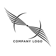 Abstract company logo with dynamic wings and circular elements.