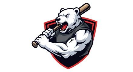 Aggressive Polar Bear Mascot Holding Wooden Baseball Bat with Red Shield Background