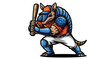 Obraz premium Cartoon Armadillo Baseball Player Holding Bat Wearing Orange Jersey And Blue Uniform On White Background