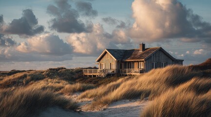 Rustic coastal home nestled amongst golden dunes under a dramatic sky