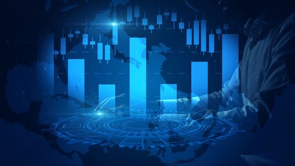 Technology and Finance Background with Graphs and Digital Elements Merging