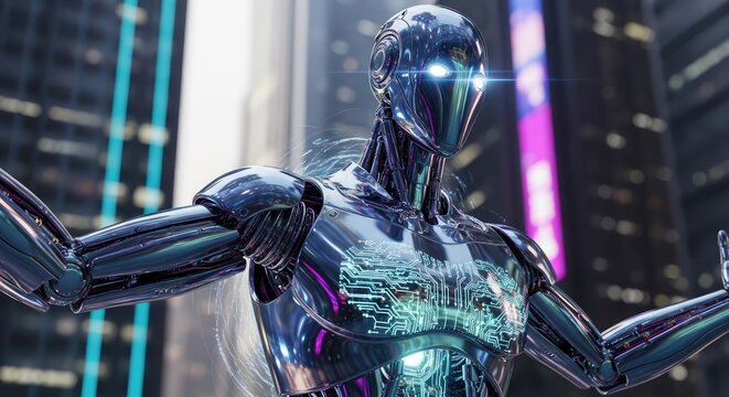A futuristic robot stands with arms outstretched against city backdrop
