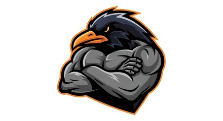 Cartoon Muscular Raven with Black Plumage and Orange Beak in Powerful Pose on a White Background Illustration