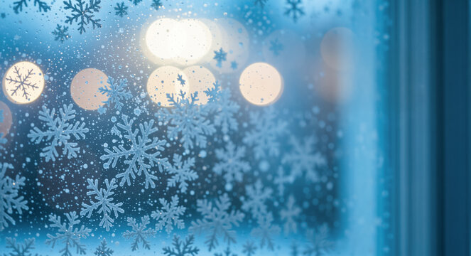 Winter background with decorative snowflakes on a window. Festive blue Christmas scene with blurred bokeh lights at night. Holiday season concept