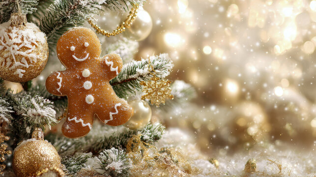 Festive decorated Christmas tree with sparkling gold ornaments and a smiling gingerbread man cookie creating a warm holiday atmosphere with glowing lights