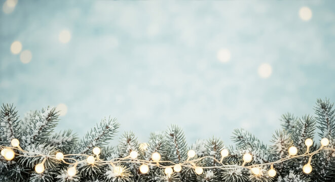 Christmas winter background with snow-covered fir tree branches and festive lights. Holiday season or New Year celebration banner with a blue bokeh backdrop - Powered by Adobe