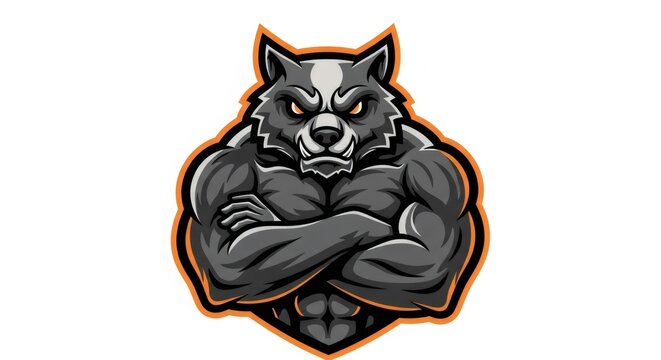 Cartoon Werewolf Mascot with Crossed Arms and Orange Outline on White Background