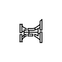 Abstract geometric line art design resembling a stylized letter H or a symmetrical bridge structure.