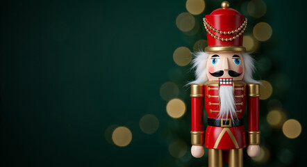 Classic red and gold Christmas nutcracker soldier decoration. Festive holiday toy figurine on a green background with bokeh lights. Winter celebration banner with copy space