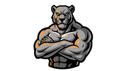 Gray Muscular Pixelated Panther with Arms Crossed on White Background
