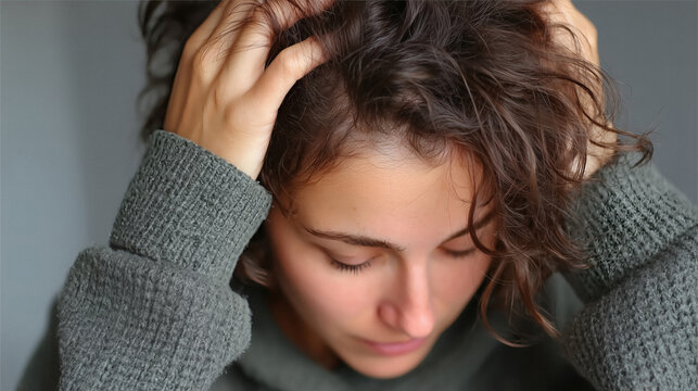 Young woman feeling stressed and overwhelmed hands in hair deep in thought